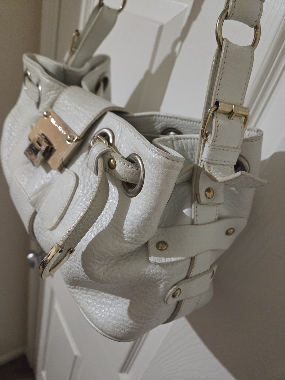 Jimmy Choo White Leather Shoulder Bag with Gold Hardware Accent